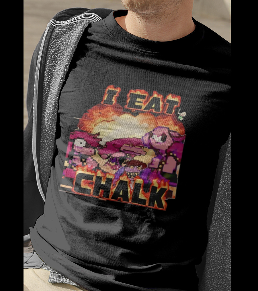 I Eat Chalk Pixel Characters Fire Background Design T-Shirt