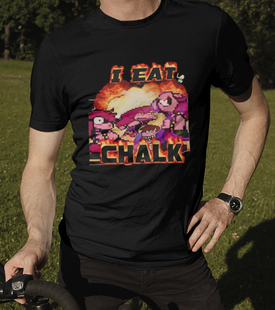 I Eat Chalk Pixel Characters Fire Background Design T-Shirt