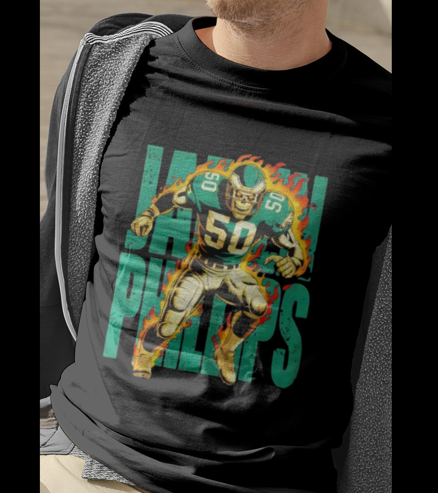 Jalen Phillips Skeleton Philadelphia Eagles Number 50 Flame Retro Style T-Shirt