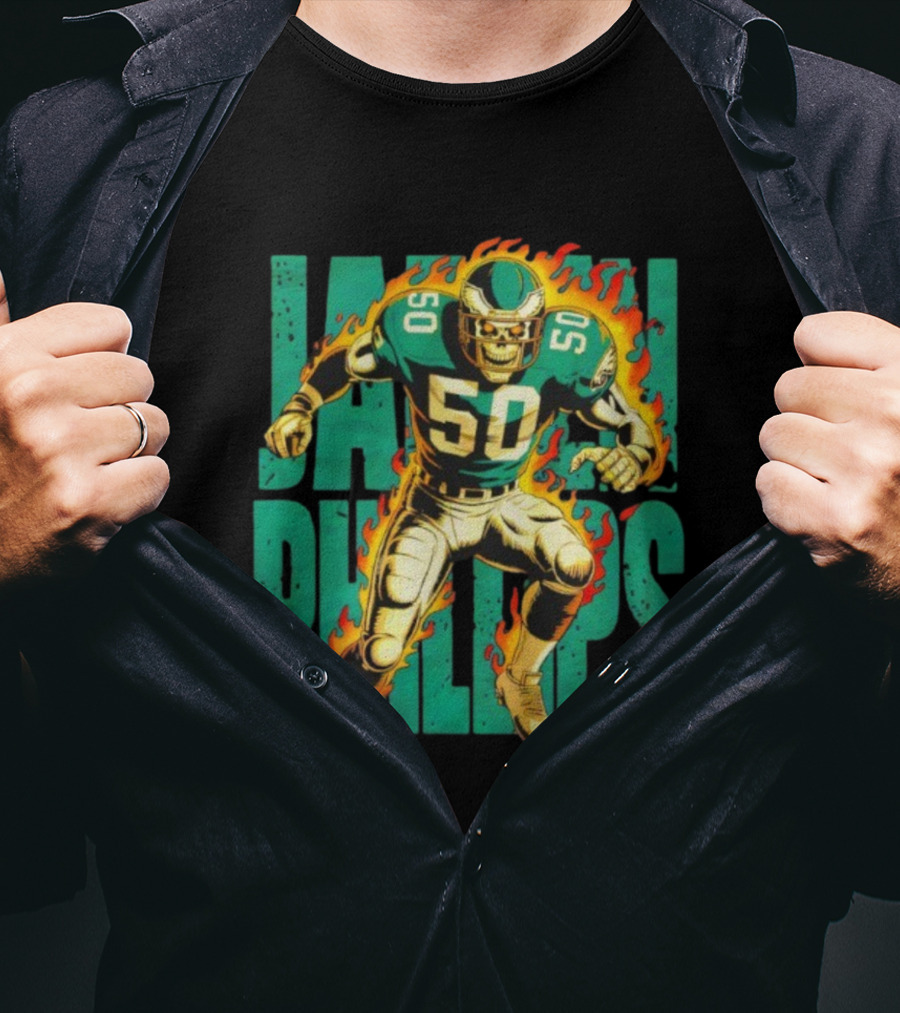 Jalen Phillips Skeleton Philadelphia Eagles Number 50 Flame Retro Style T-Shirt