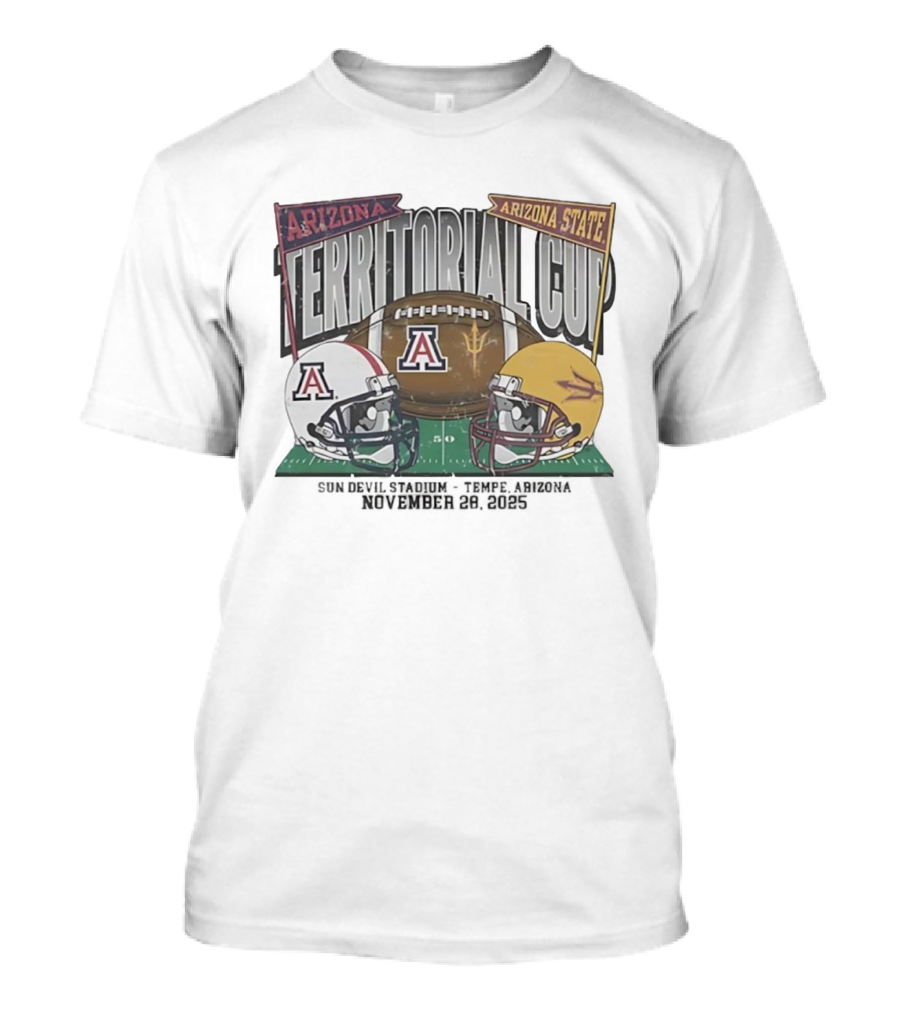 Arizona Wildcats Vs Arizona State Sun Devils Territorial Cup 2025 Tucson Arizona November 28 Football Helmets And Field Graphics T-Shirt
