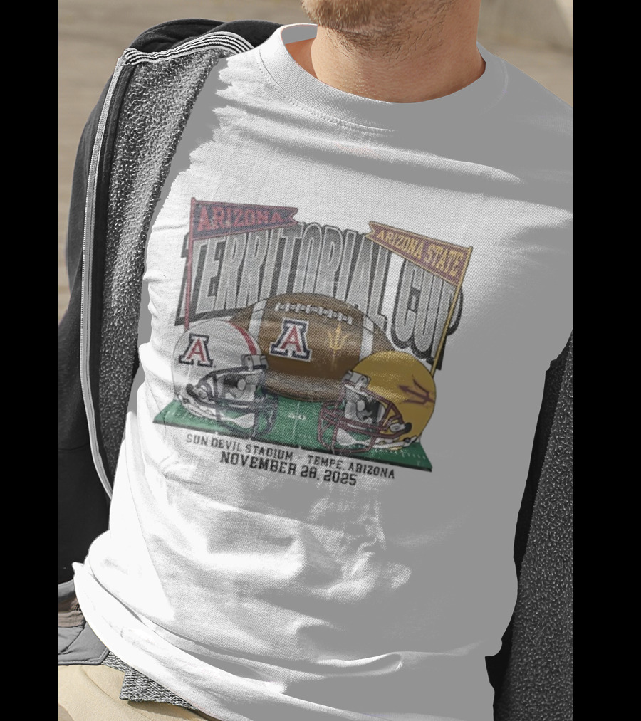 Arizona Wildcats Vs Arizona State Sun Devils Territorial Cup 2025 Tucson Arizona November 28 Football Helmets And Field Graphics T-Shirt