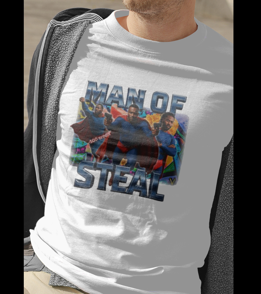 Man Of Steal Superhero Parody With 100 Credit Text T-Shirt