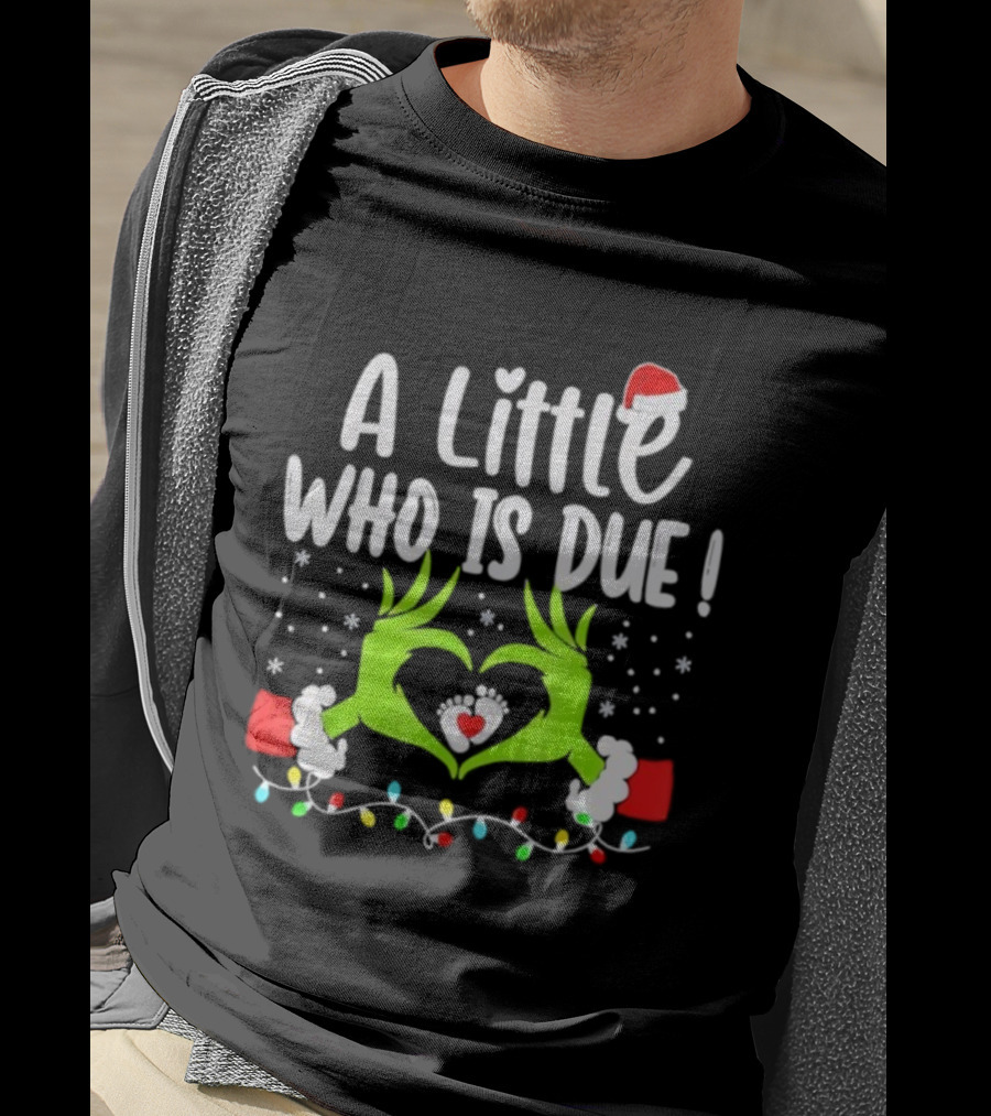 A Little Who Is Due Christmas Pregnancy Announcement Holiday Lights And Santa Hat T-Shirt