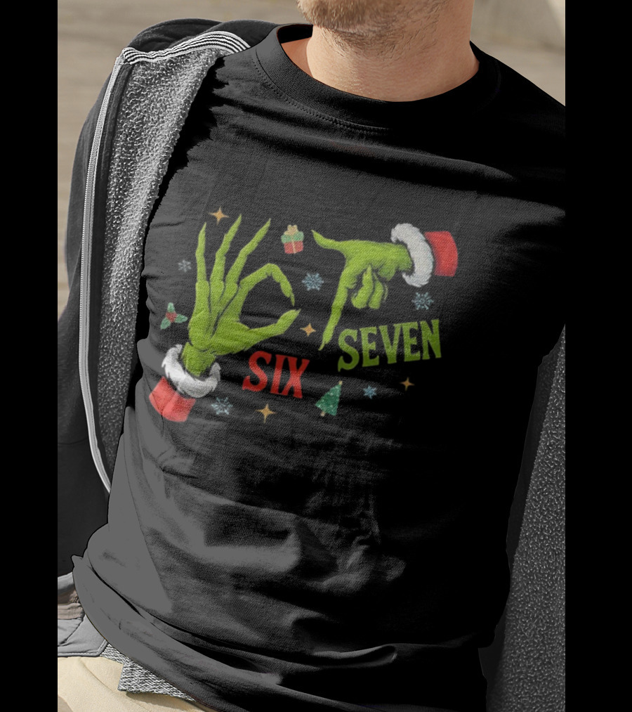 Grinch Hand Six Seven Merry Christmas Meme 67 Santa T-Shirt