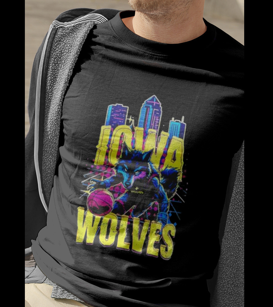 Iowa Wolves Neon Basketball Wolf Skyline T-Shirt