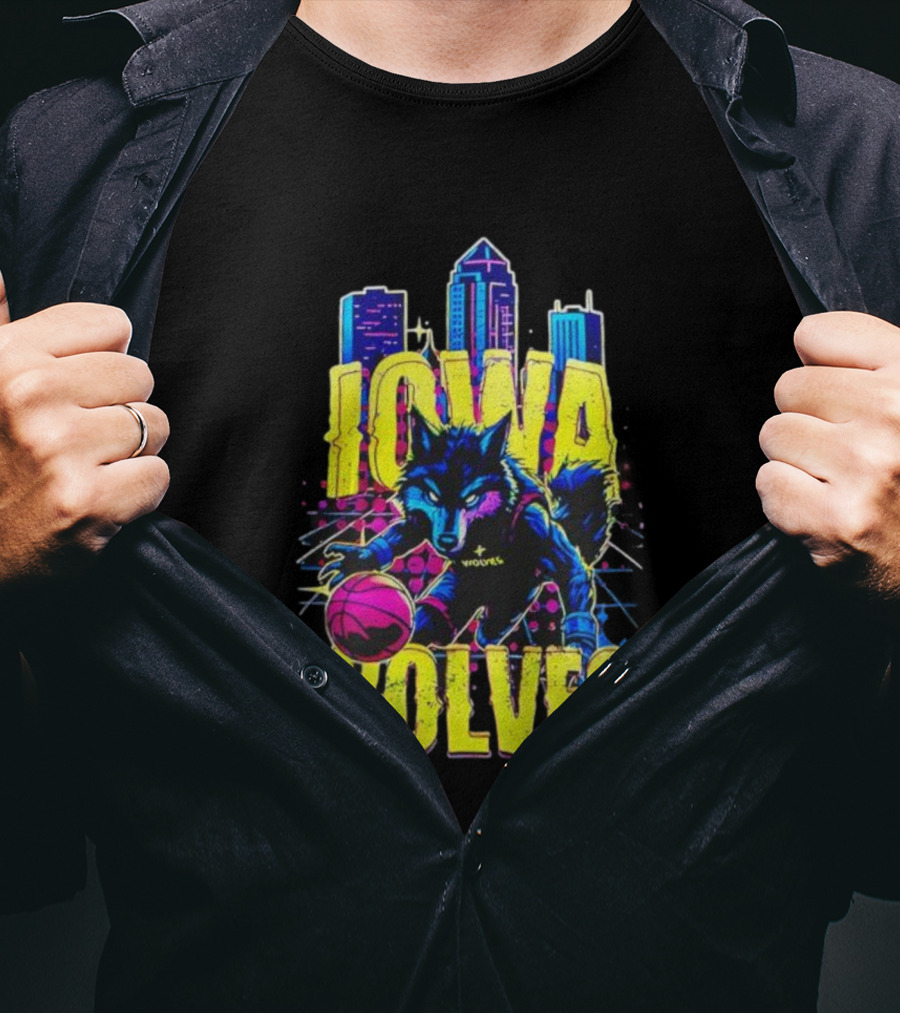 Iowa Wolves Neon Basketball Wolf Skyline T-Shirt