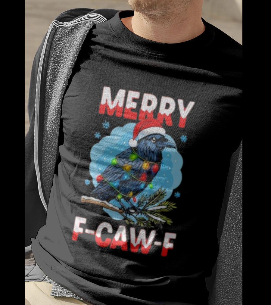 Merry Christmas F-Caw-F Santa Hat Crow With Lights T-Shirt