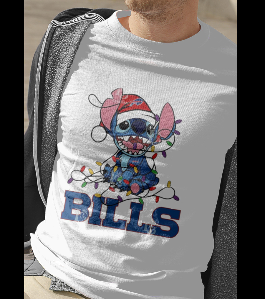 Buffalo Bills Christmas Lights With Stitch In Santa Hat T-Shirt