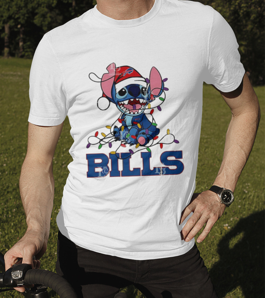Buffalo Bills Christmas Lights With Stitch In Santa Hat T-Shirt