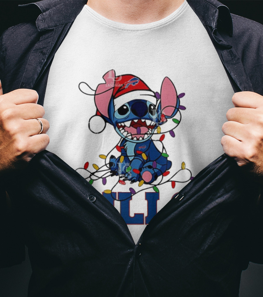 Buffalo Bills Christmas Lights With Stitch In Santa Hat T-Shirt