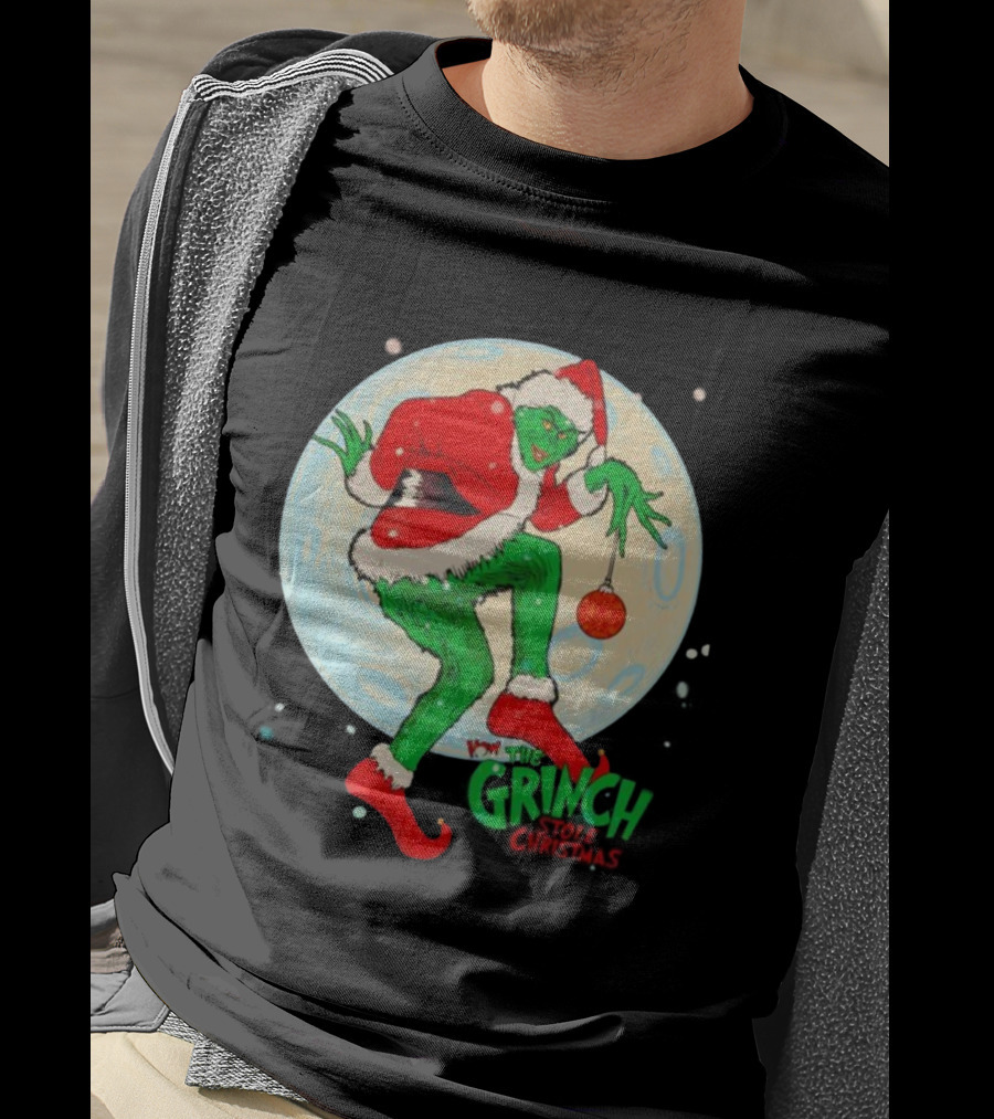 How The Grinch Stole Christmas Moon Scene With Ornament And Santa Suit T-Shirt