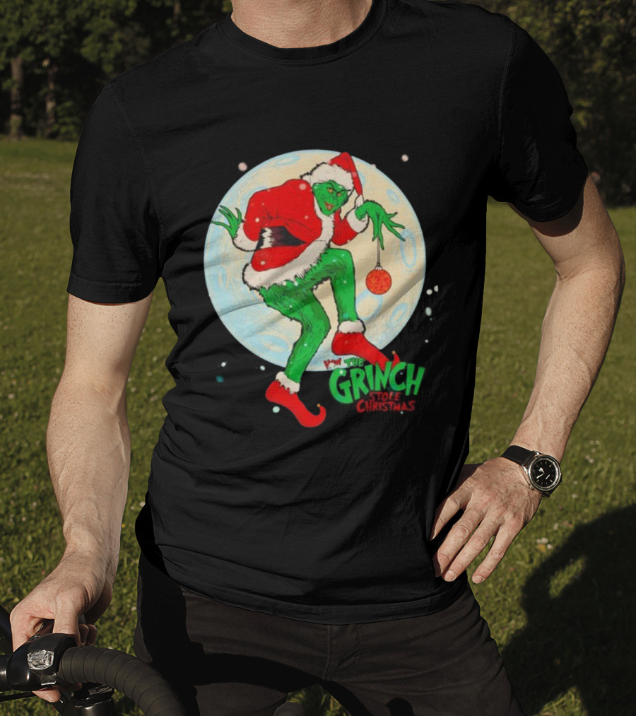 How The Grinch Stole Christmas Moon Scene With Ornament And Santa Suit T-Shirt