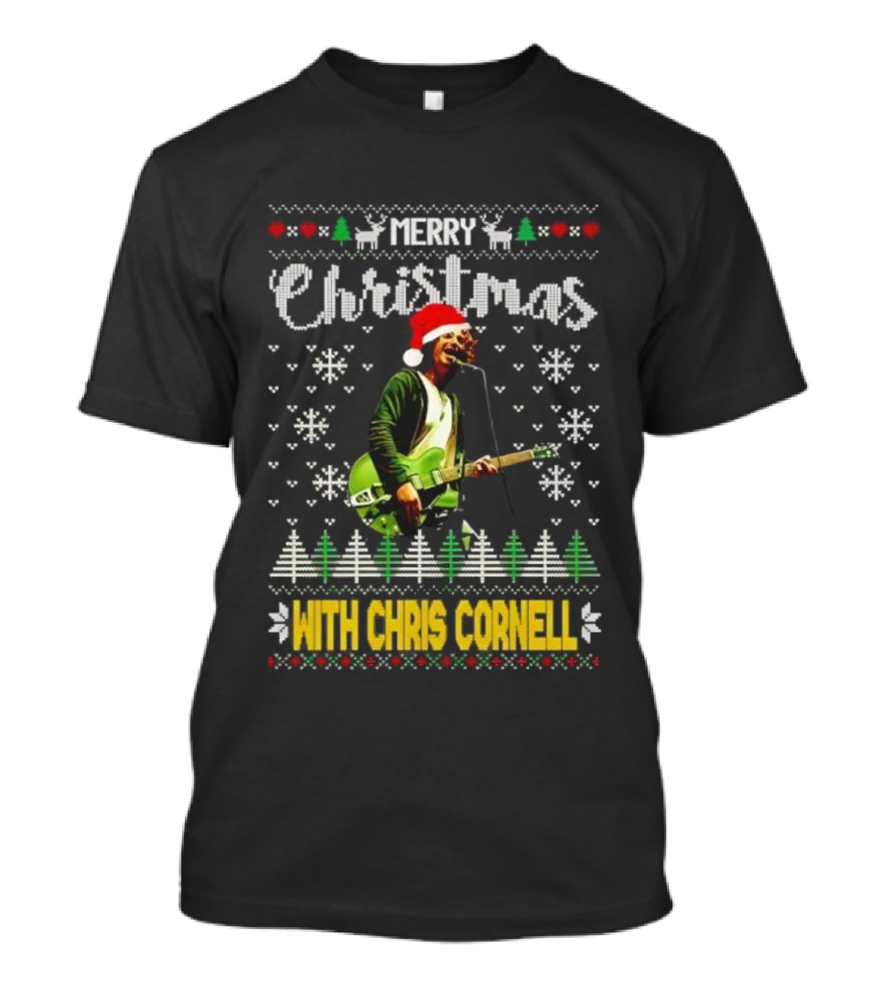 Merry Christmas With Chris Cornell Musician Santa Hat Guitar Snowflakes Trees T-Shirt
