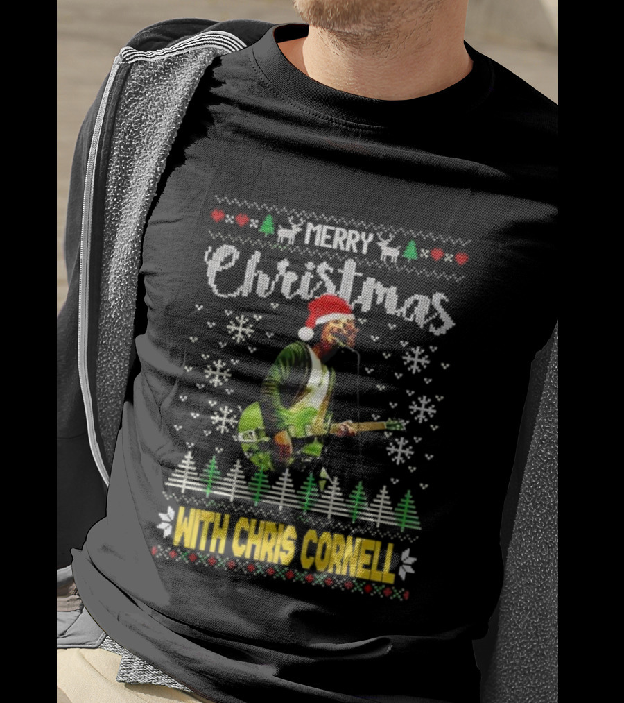 Merry Christmas With Chris Cornell Musician Santa Hat Guitar Snowflakes Trees T-Shirt