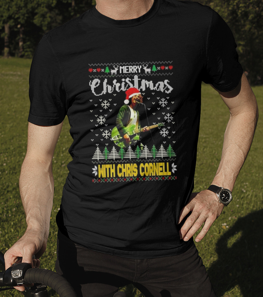 Merry Christmas With Chris Cornell Musician Santa Hat Guitar Snowflakes Trees T-Shirt