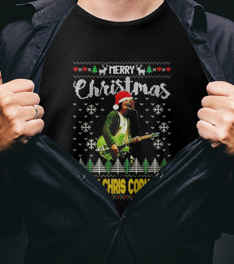Merry Christmas With Chris Cornell Musician Santa Hat Guitar Snowflakes Trees T-Shirt