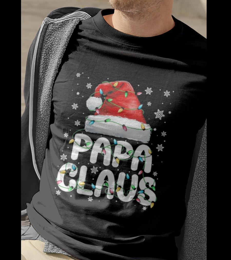Papa Claus Santa Hat With Christmas Lights Holiday Stars T-Shirt