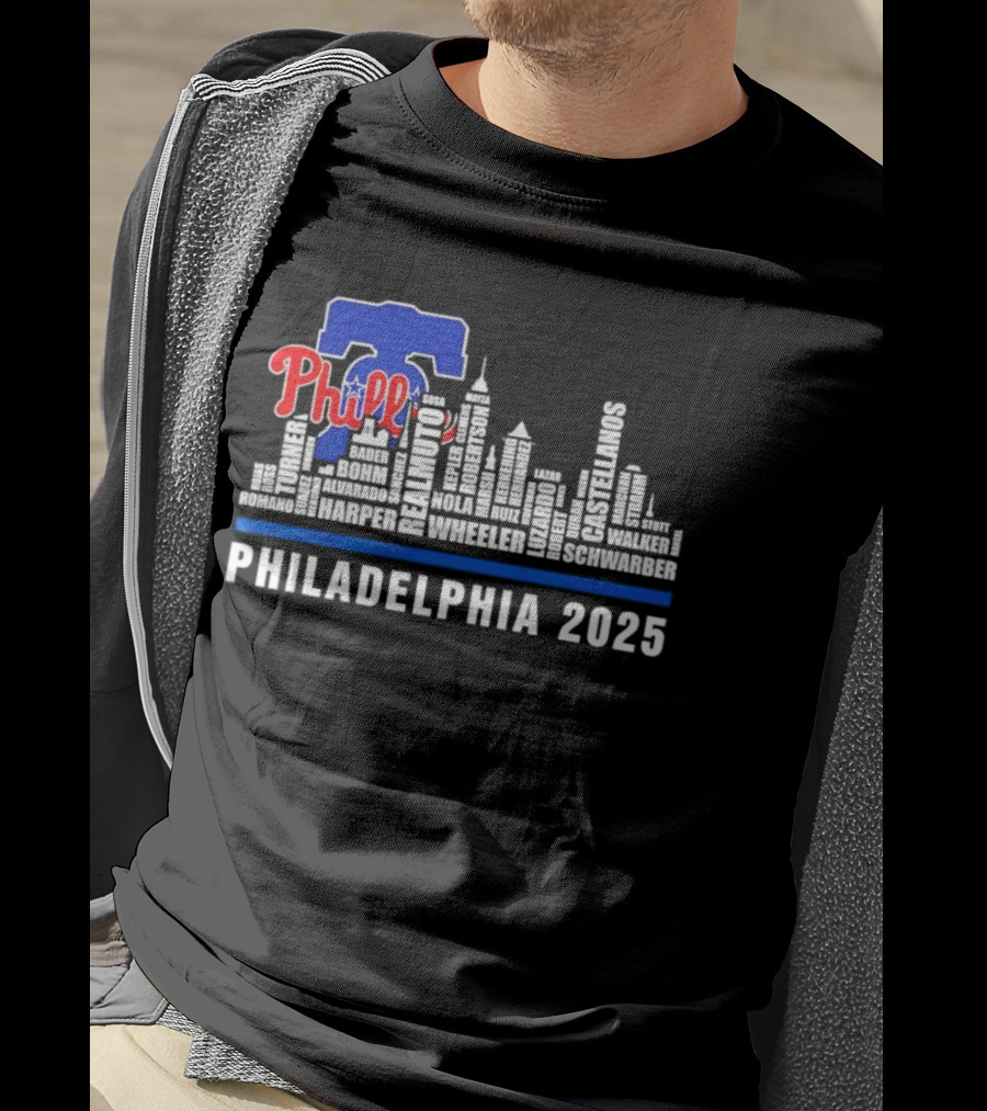 Philadelphia Phillies Skyline Bell Wheeler Nola Harper Realmuto Turner 2025 T-Shirt