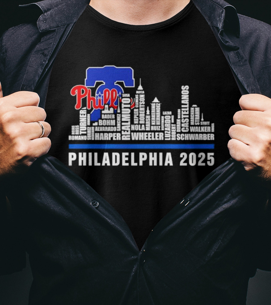 Philadelphia Phillies Skyline Bell Wheeler Nola Harper Realmuto Turner 2025 T-Shirt