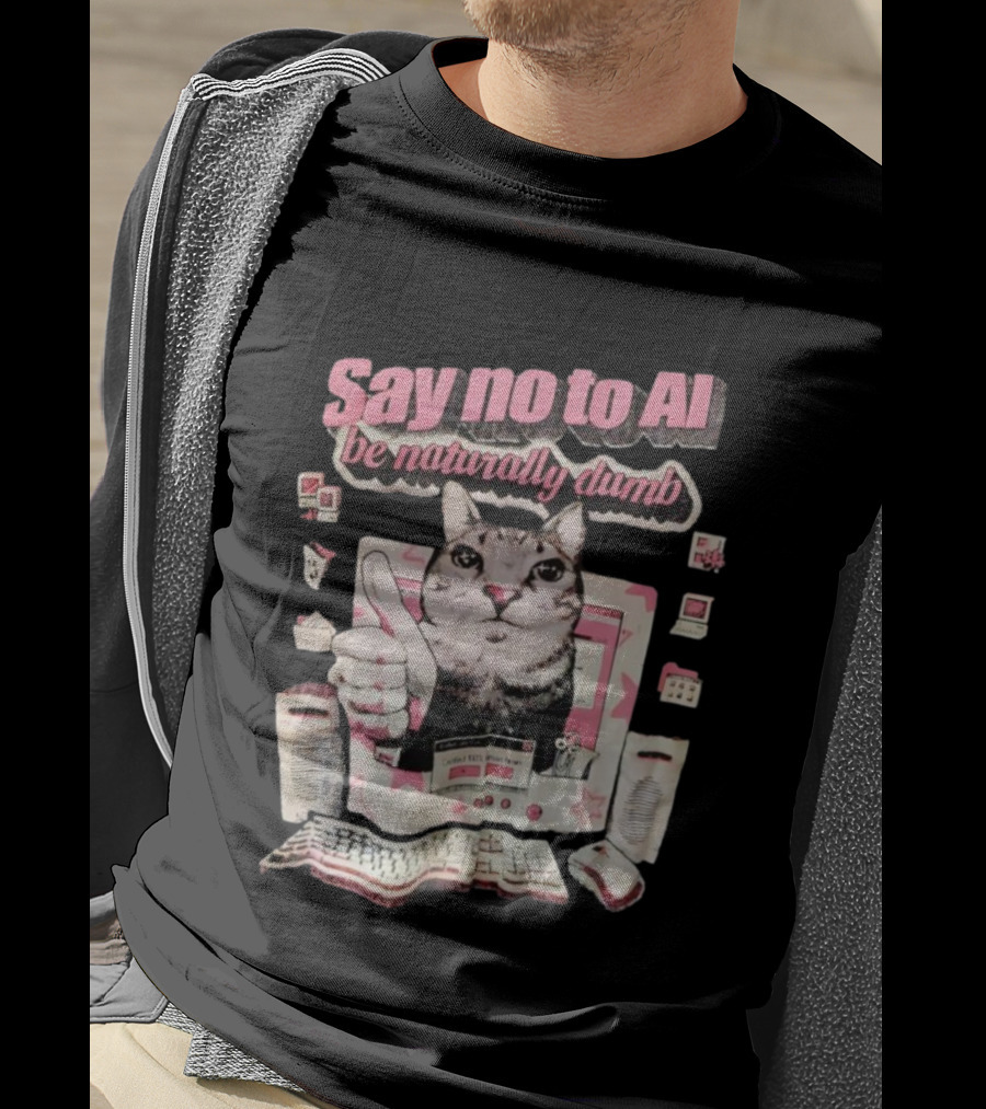 Say No To AI Be Naturally Dumb Cat With Computer And Thumbs Up T-Shirt
