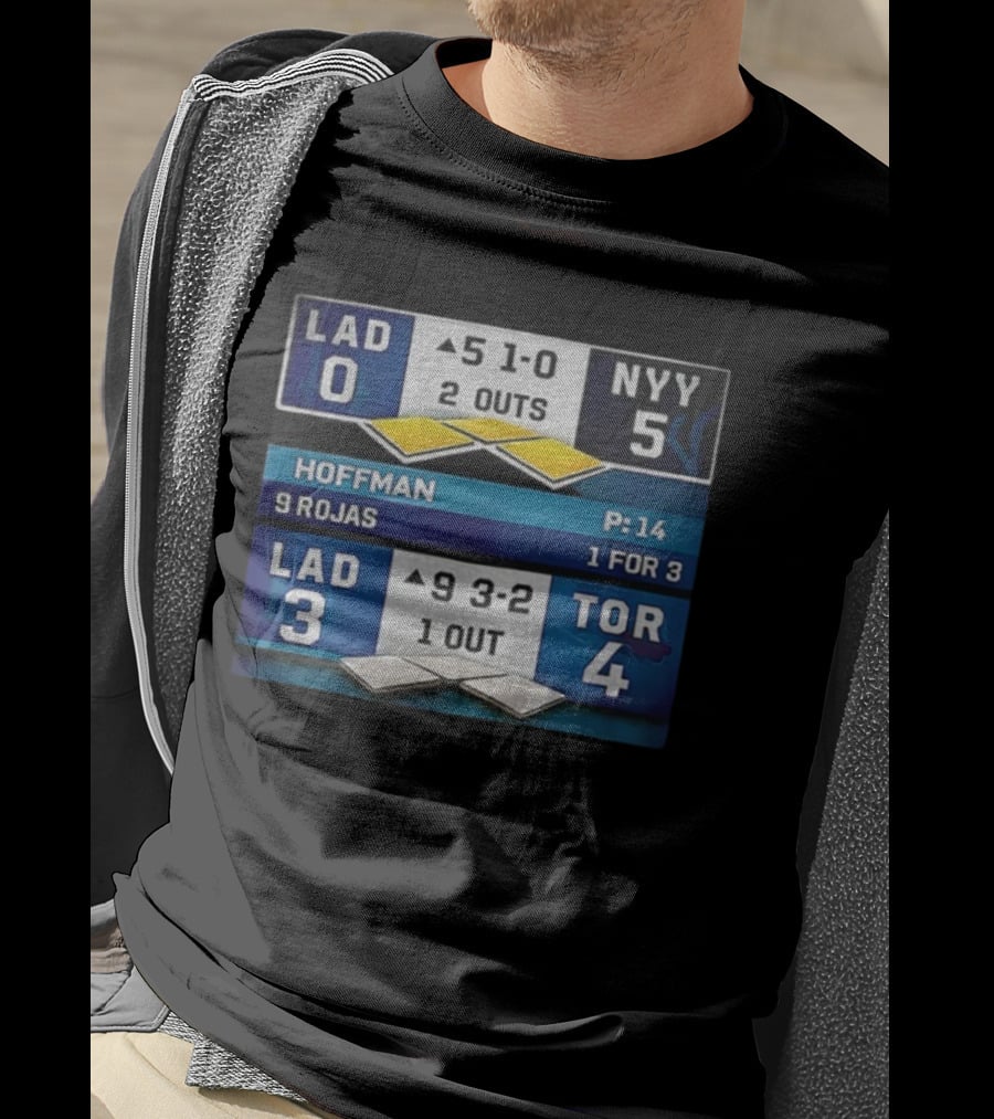 NY Yankees Defeat LA Dodgers 5-0 Toronto Blue Jays 4-3 Back To Back Championship 2025 Scoreboard Hoffman Rojas T-Shirt