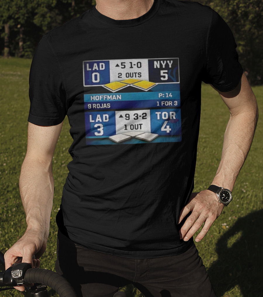 NY Yankees Defeat LA Dodgers 5-0 Toronto Blue Jays 4-3 Back To Back Championship 2025 Scoreboard Hoffman Rojas T-Shirt