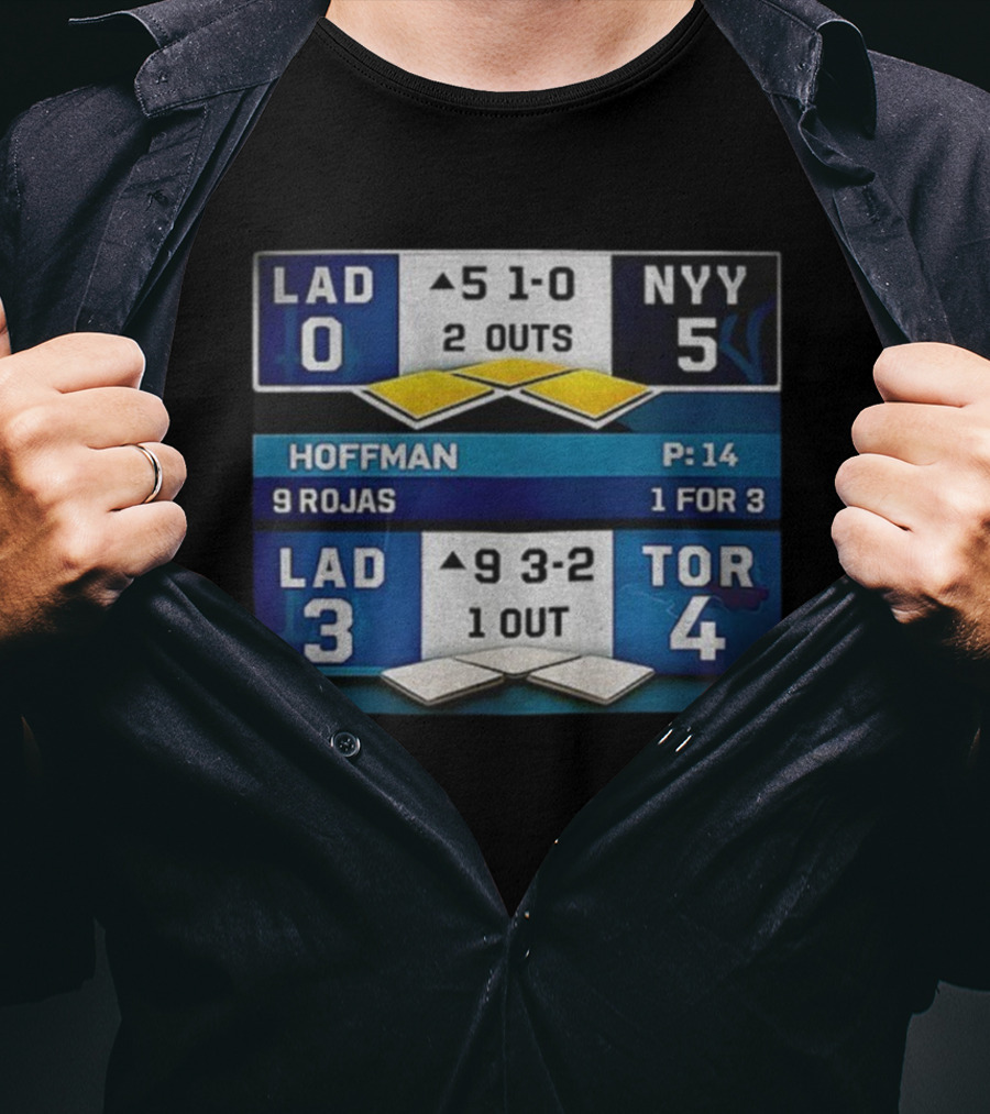 NY Yankees Defeat LA Dodgers 5-0 Toronto Blue Jays 4-3 Back To Back Championship 2025 Scoreboard Hoffman Rojas T-Shirt
