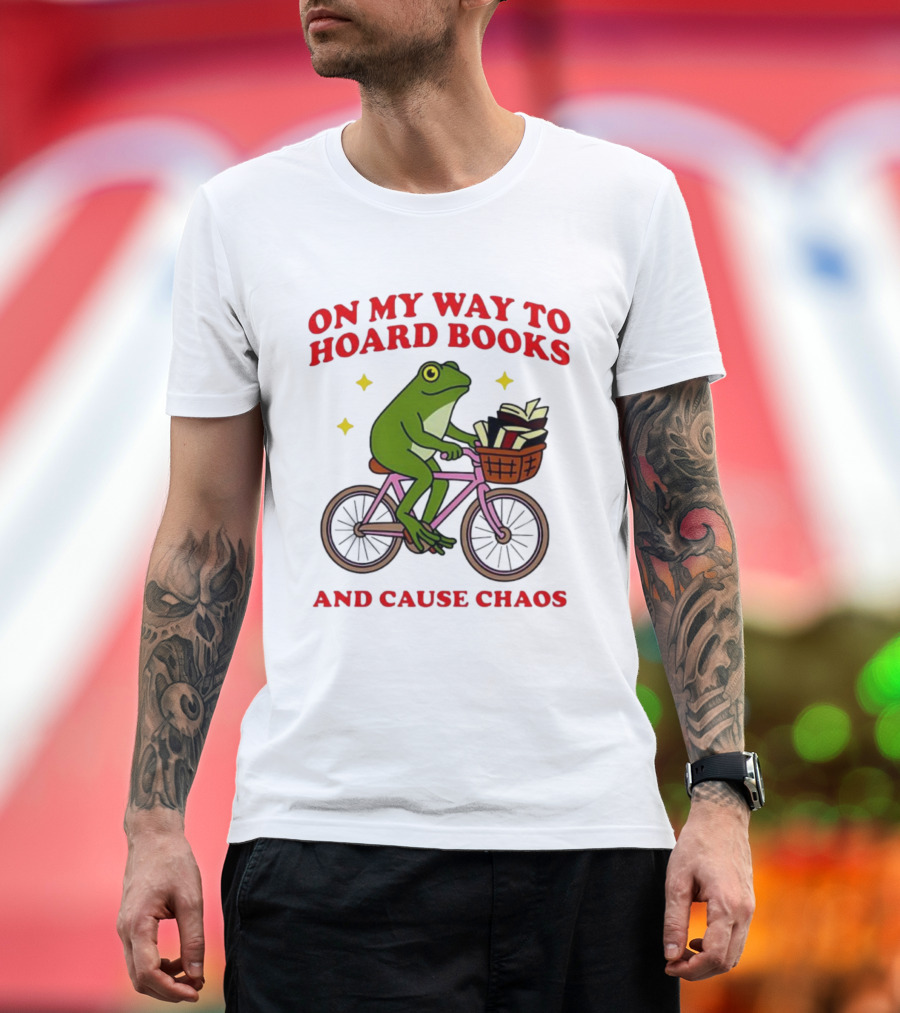 Frog On Bicycle Journey To Hoard Books And Cause Chaos T-Shirt