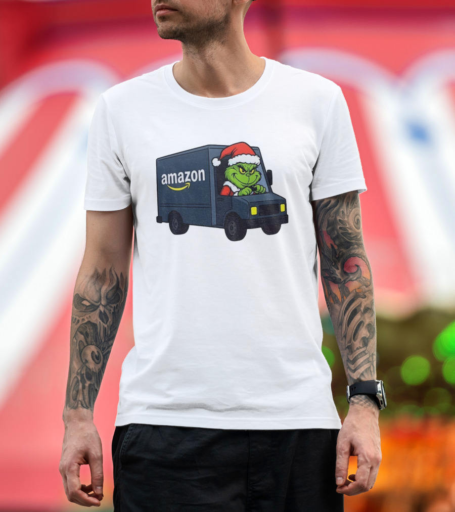 Grinch Santa Claus Driving Amazon Truck Merry Christmas Humor T-Shirt