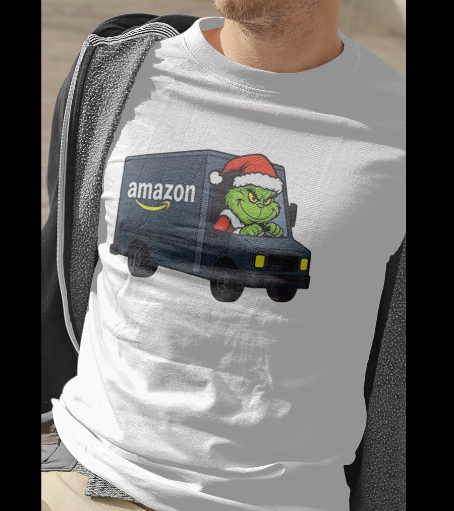 Grinch Santa Claus Driving Amazon Truck Merry Christmas Humor T-Shirt