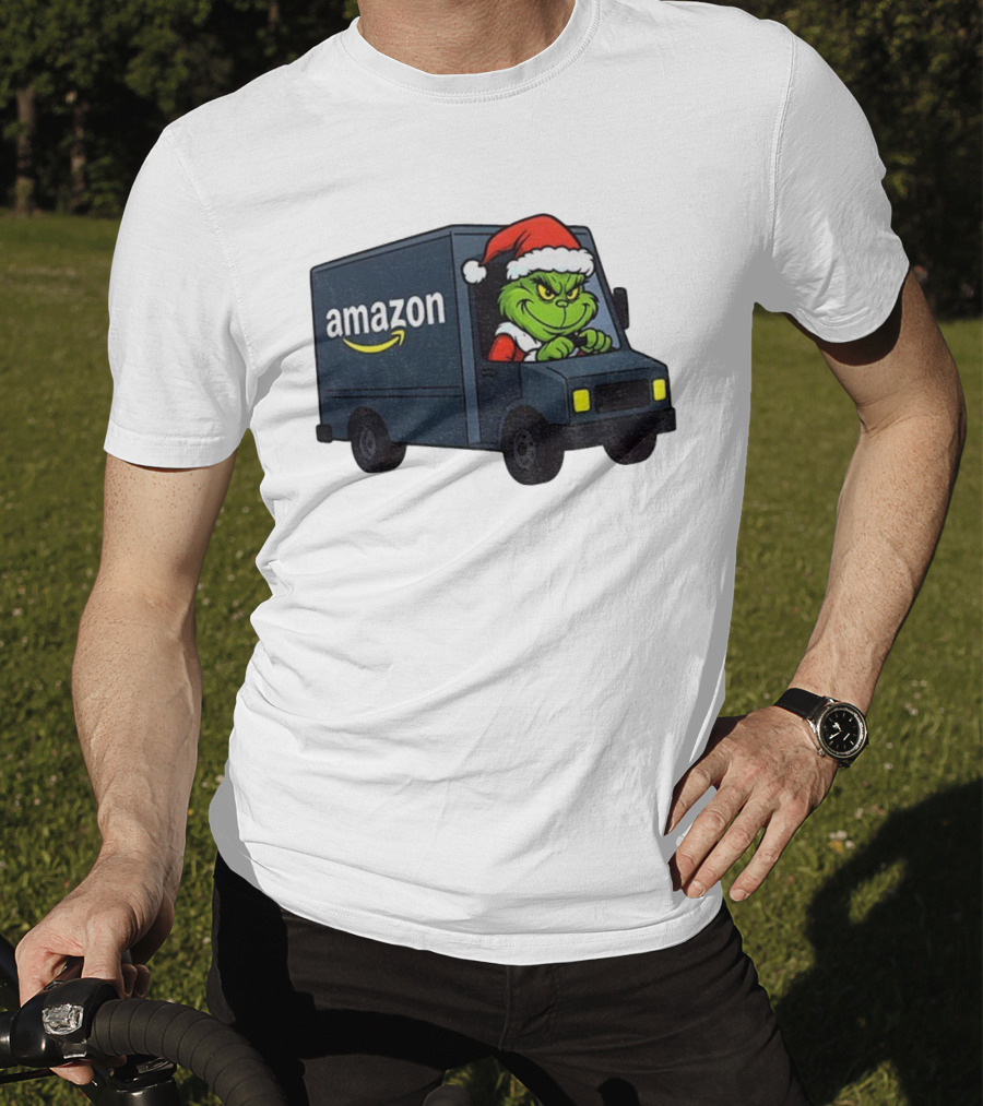 Grinch Santa Claus Driving Amazon Truck Merry Christmas Humor T-Shirt