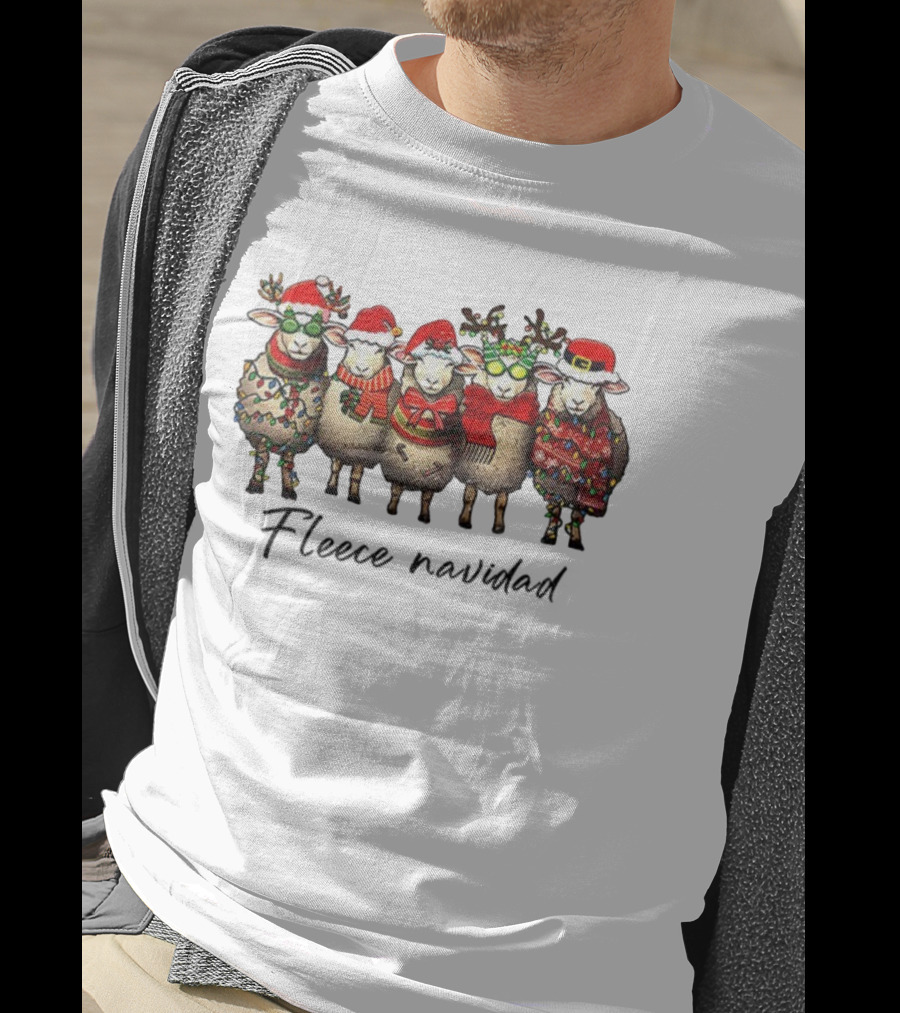 Fleece Navidad Merry Christmas Sheep Santa Hat Holiday Sweater Lights T-Shirt