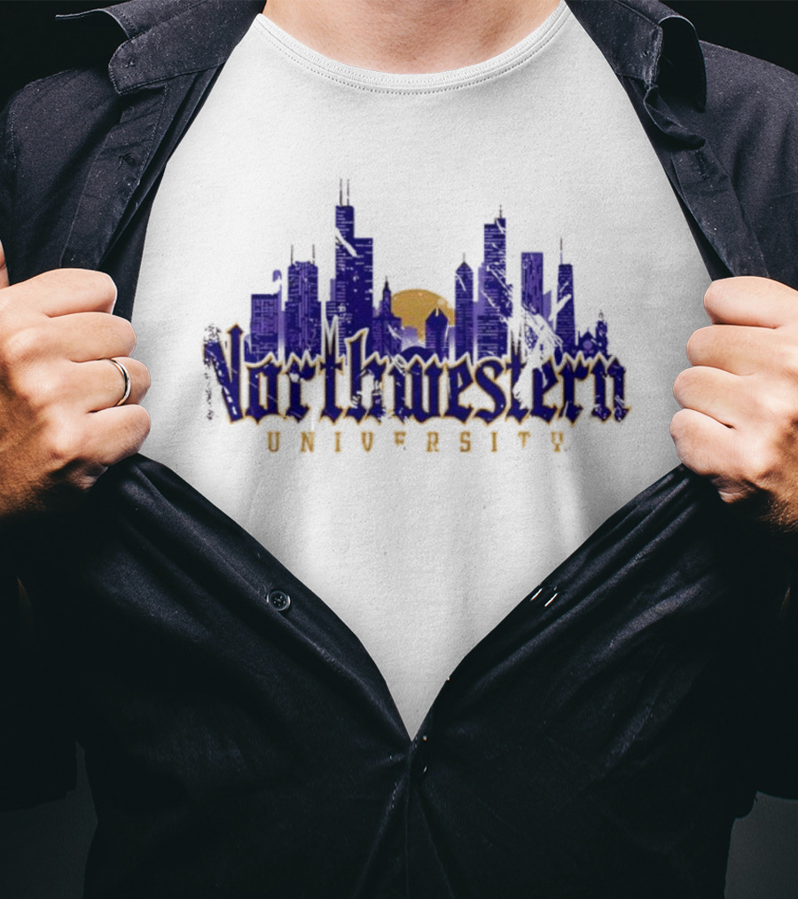 Northwestern University Chicago Skyline Gothic Style T-Shirt