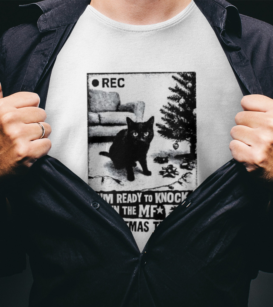 REC Black Cat Ready To Knock Down The MF Christmas Tree T-Shirt