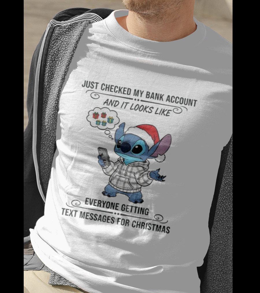 Stitch Santa Hat Checked Bank Account Text Messages For Christmas T-Shirt