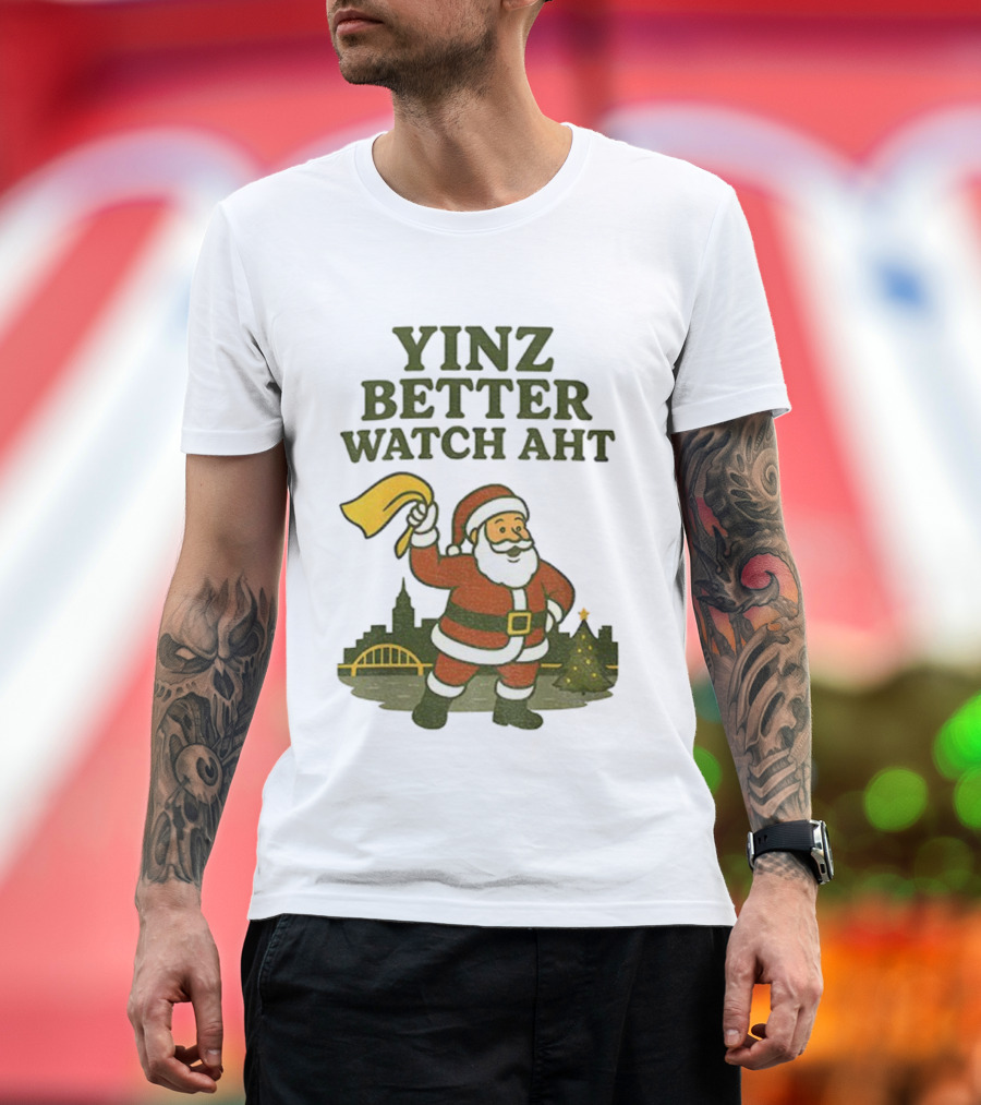 Yinz Better Aht Christmas Santa Pittsburgh Bridge Skyline T-Shirt