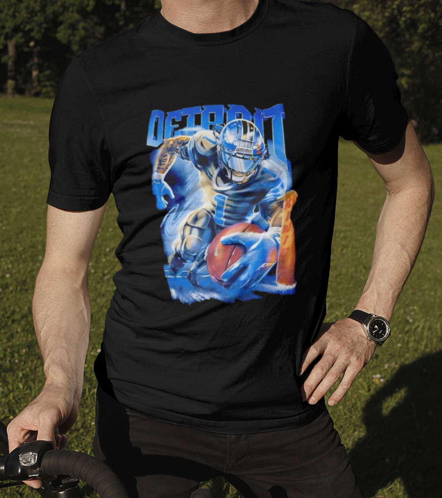 Detroit Football Player Blue Burst Action Art T-Shirt