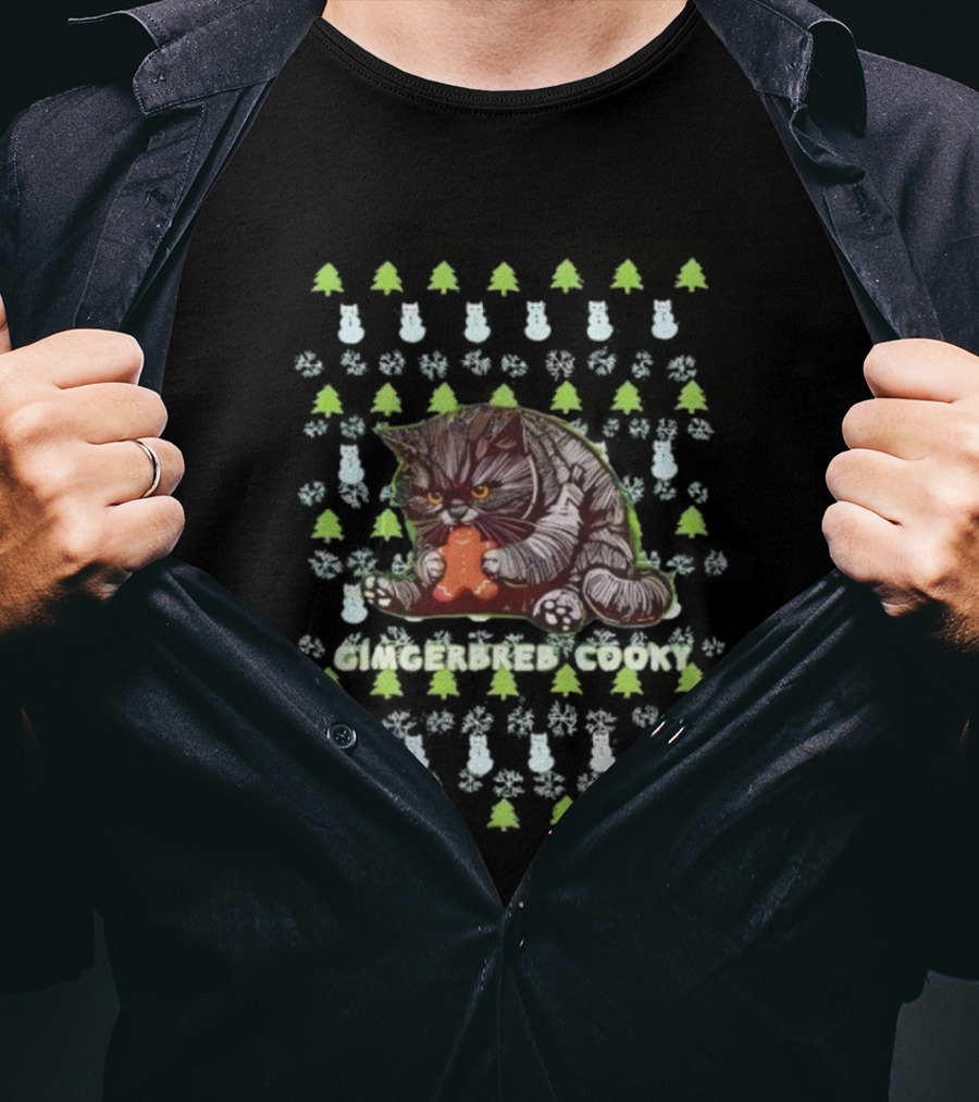Cat Gingerbread Cookie Christmas Holiday Festive Design T-Shirt