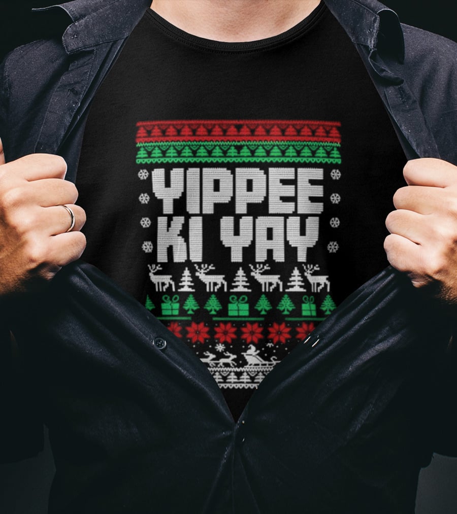 Yippee Ki Yay Die Hard Christmas Sweater Reindeer Trees Presents Snowflakes T-Shirt