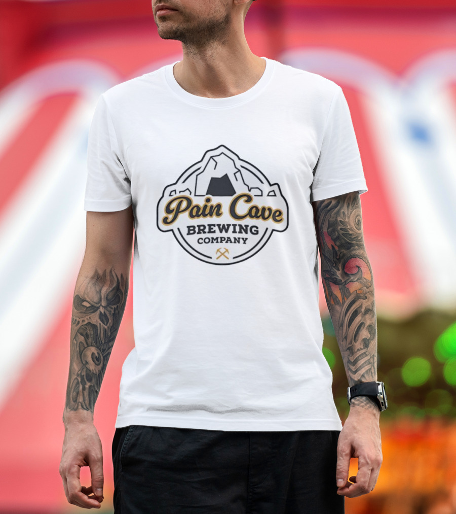 Pain Cave Brewing Company Mountain Emblem With Crossed Pickaxes T-Shirt