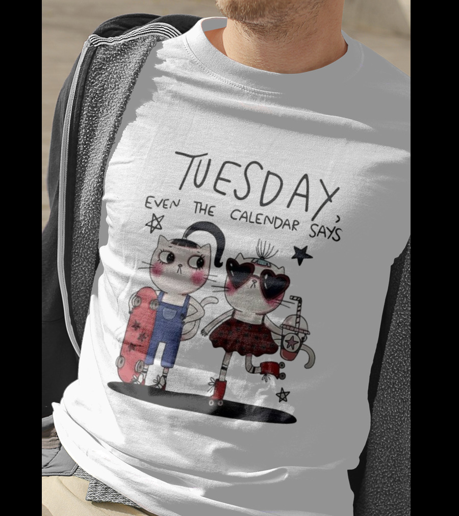 Tuesday Even The Calendar Says Cute Cat Cartoon Skaters And Stars T-Shirt