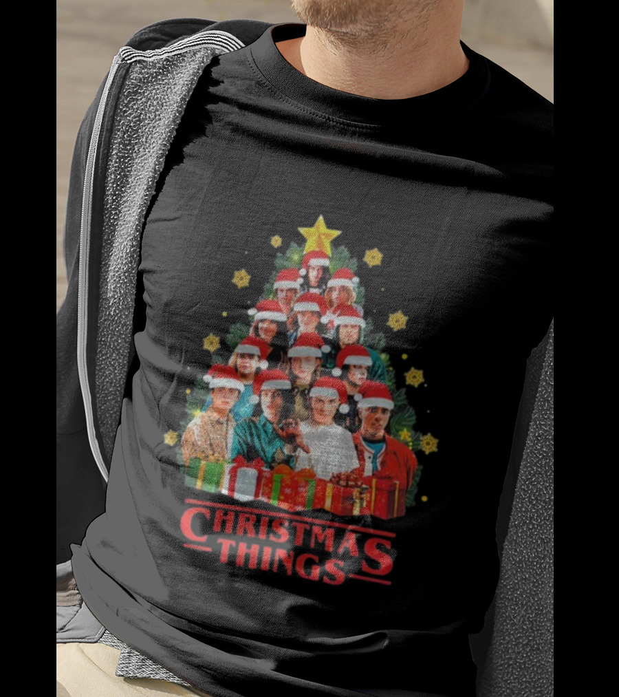Stranger Things Christmas Tree Holiday Cast Santa Hats Gifts T-Shirt