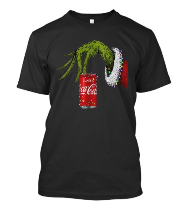 Grinch Hand Holding Coca-Cola Can Wrapped In Christmas Lights Merry Christmas T-Shirt