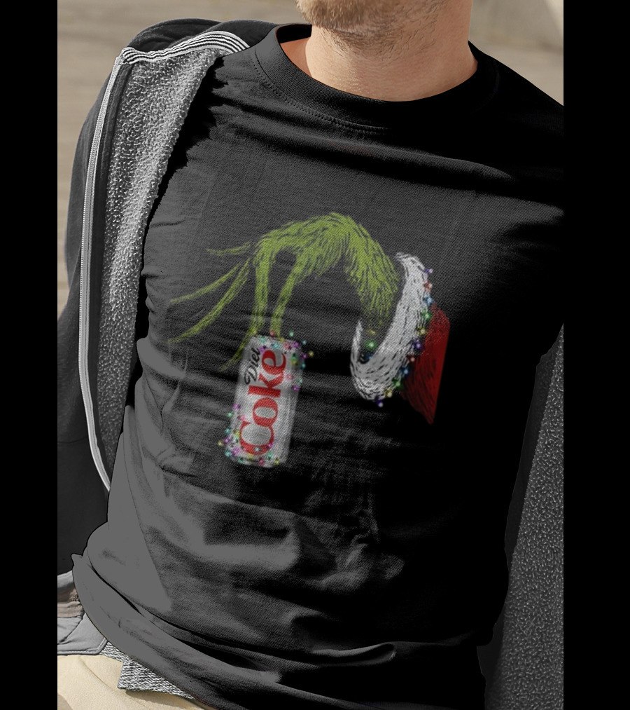 Grinch Hand Holding Diet Coke Can Wrapped In Christmas Lights Merry Christmas T-Shirt