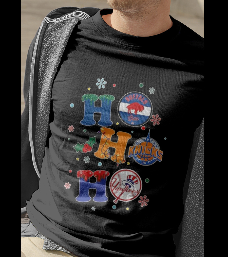 Buffalo Bills New York Knicks Yankees Christmas Ho Ho Ho Snowflakes T-Shirt