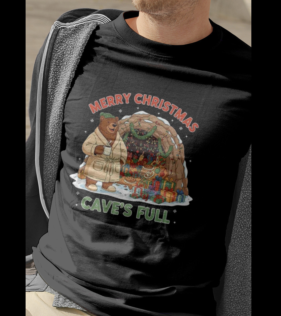 Merry Christmas Bear In Cozy Cave Filled With Gifts T-Shirt