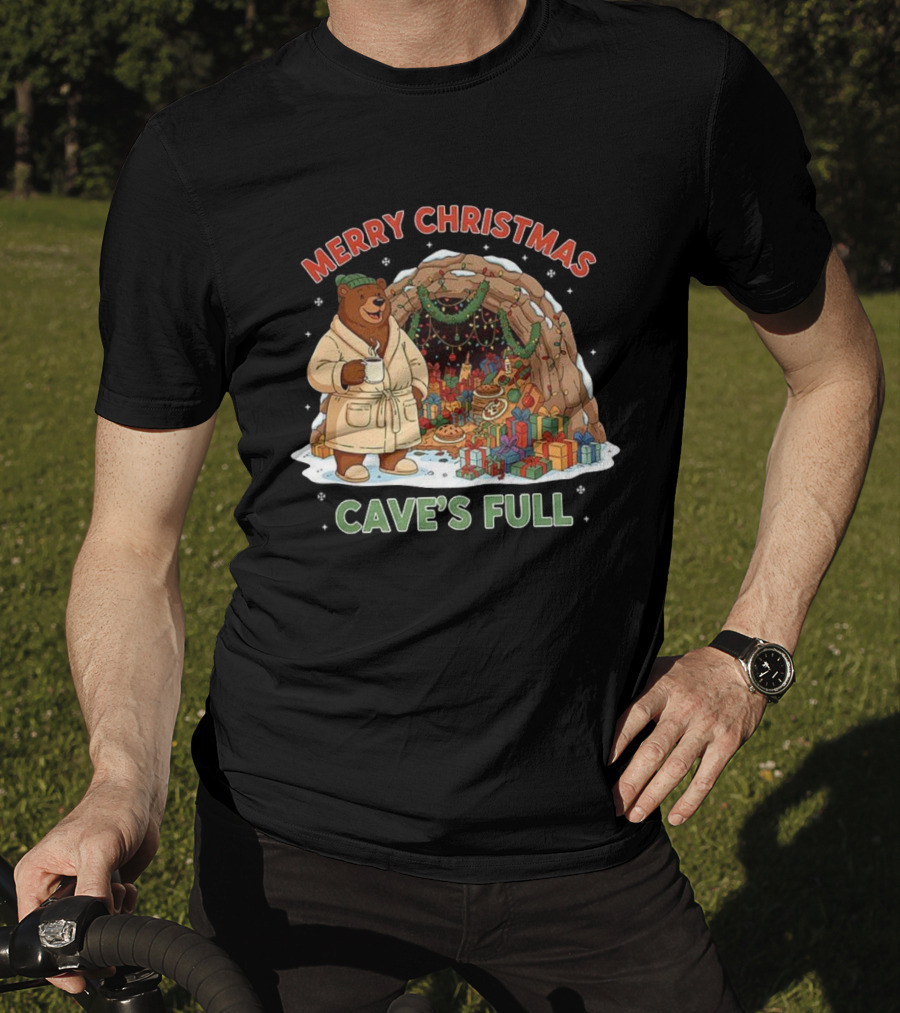 Merry Christmas Bear In Cozy Cave Filled With Gifts T-Shirt