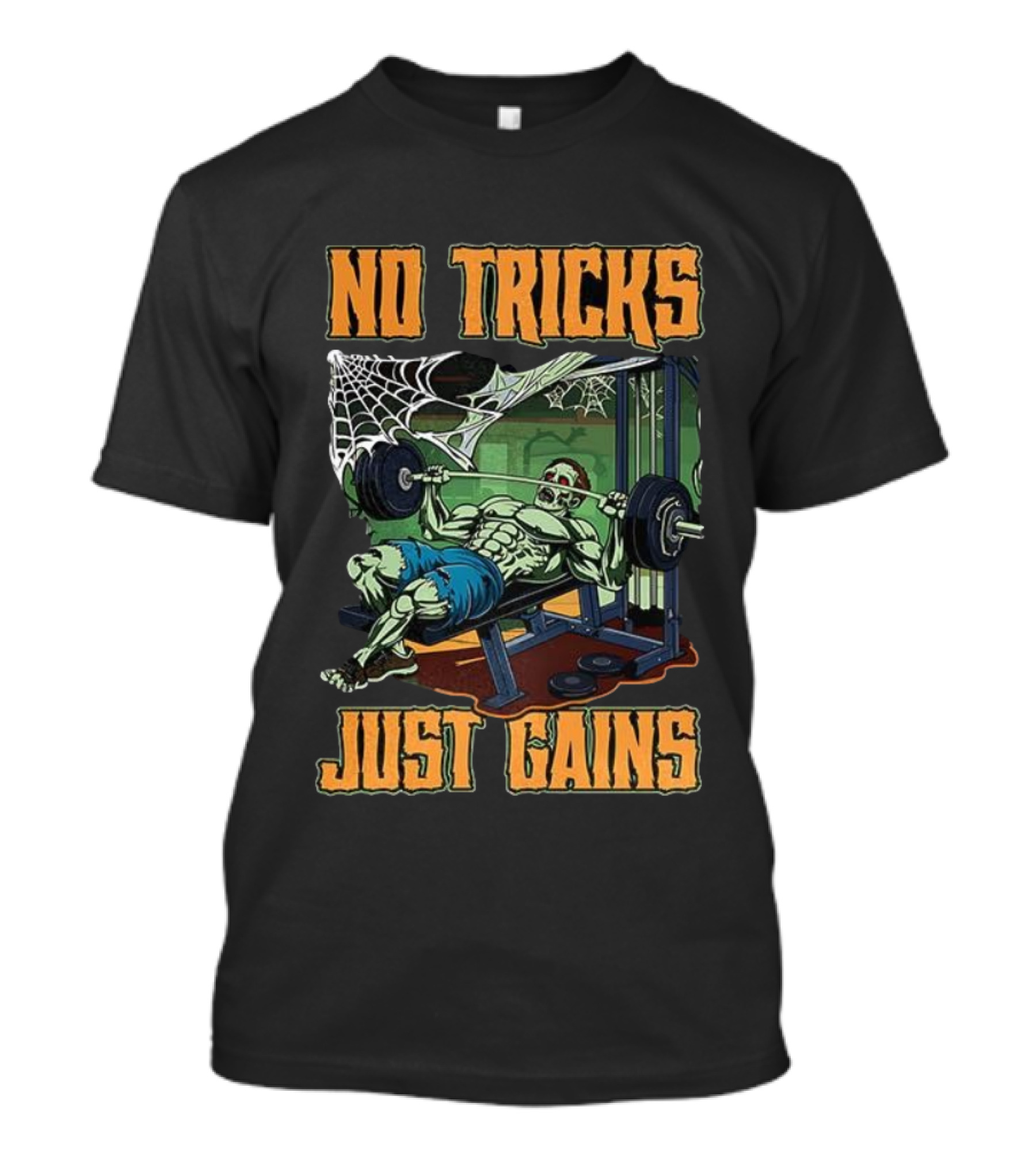 No Tricks Just Gains Halloween Zombie Bench Press Gym Fitness T-Shirt