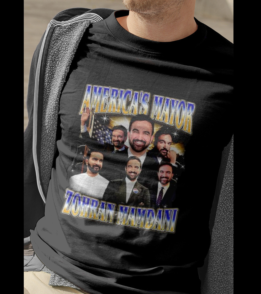 America's Mayor Zohran Mamdani Multiple Portraits With American Flag T-Shirt